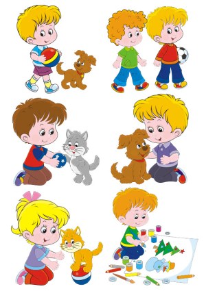 Cute Cartoon Kids Playing with Pets and Drawing Free Vector
