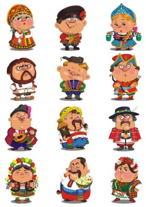 Set of 12 Cartoon Characters in Traditional Eastern European Costumes Free Vector
