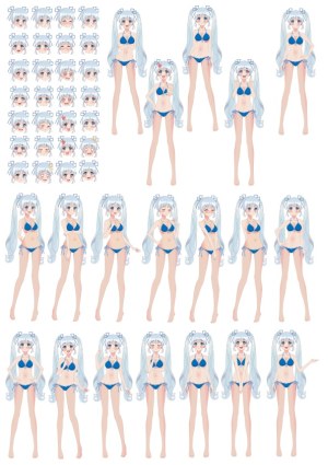 Anime Girl Character Spritesheet in Blue Bikini with Multiple Poses and Expressions Free Vector
