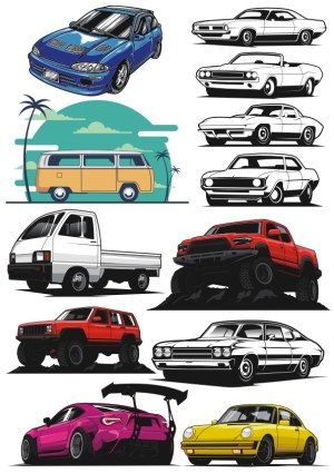 Vector Collection of Various Classic and Modern Cars and Trucks Free Vector