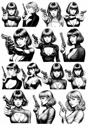 Monochrome Female Assassin Characters Holding Guns Vector Set Free Vector