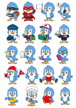 Blue Bird Mascots in Various Costumes and Activities Vector Set Free Vector
