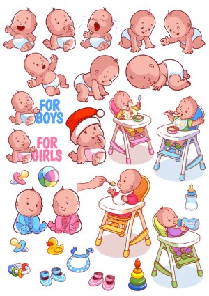 Cute Baby Vector Illustrations with Feeding and Playtime Elements Free Vector