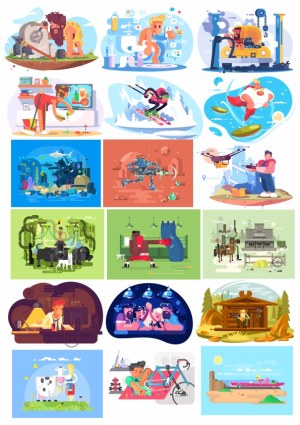 Collection of Colorful Cartoon Lifestyle and Adventure Illustrations Free Vector