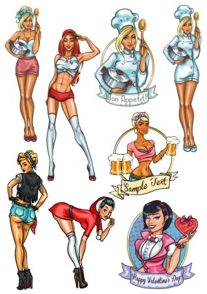 Pin-up Style Women in Themed Costumes Vector Set Free Vector
