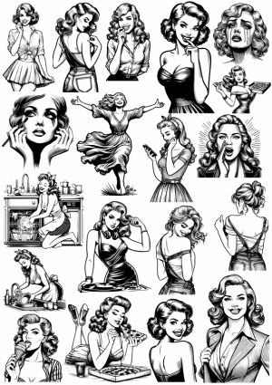 Collection of Black and White Vintage Style Vector Women Illustrations Free Vector