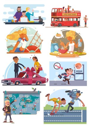 Variety of Colorful Cartoon Lifestyle and Travel Scenes Vector Set Free Vector
