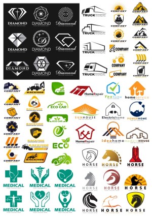 Collection of Business and Service Logos Including Diamond, Truck, Construction, Eco, Home, Medical, and Horse Themes Free Vector