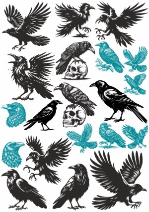 Collection of Crow and Raven Vector Illustrations with Skulls Free Vector