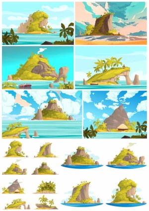 Tropical Islands Vector Set with Palm Trees and Rocky Cliffs Free Vector