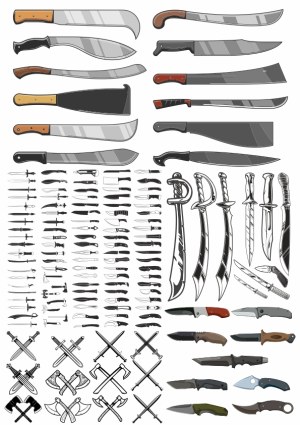 Extensive Collection of Knives, Swords, Axes, and Bladed Weapons Vector Set Free Vector