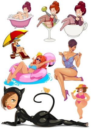 Pin-Up Style Cartoon Women in Various Fun and Playful Poses Free Vector