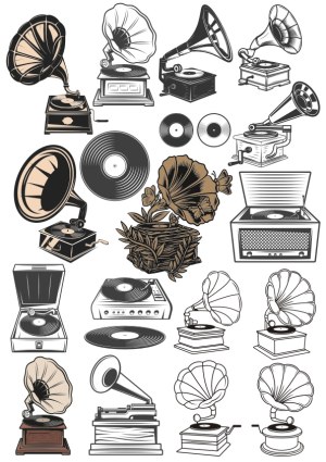 Vintage Gramophones and Vinyl Records Vector Set Free Vector