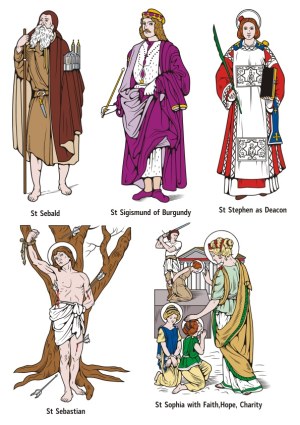 Vector Illustrations of Saints Sebald, Sigismund of Burgundy, Stephen, Sebastian, and Sophia with Faith, Hope, Charity Free Vector