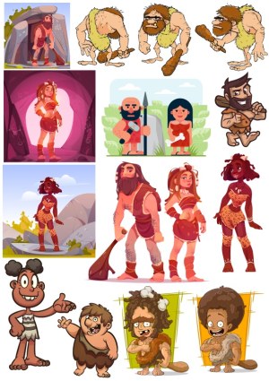 Cartoon Stone Age Caveman and Cavewoman Characters Free Vector
