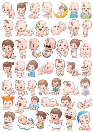 Cute Cartoon Babies in Various Poses and Activities Vector Set Free Vector