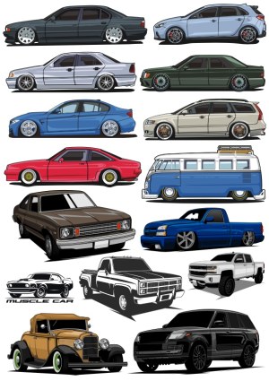 Collection of Stylized Car and Truck Vector Illustrations Free Vector