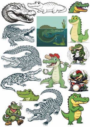 Collection of Cartoon and Tribal Crocodile Illustrations Free Vector