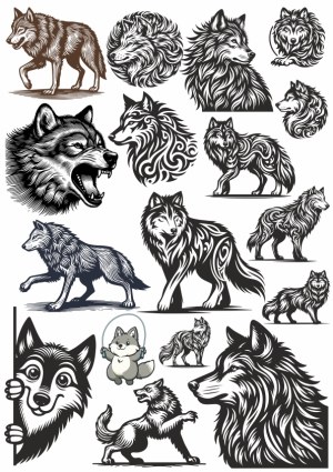 Collection of Artistic and Cartoon Wolf Vector Illustrations Free Vector