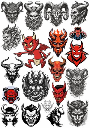 Collection of Devil and Demon Heads with Horns in Various Art Styles Free Vector