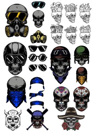Collection of Skull Illustrations with Helmets, Bands, Masks, and Accessories Free Vector