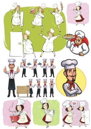 Cartoon Chef Characters in Various Cooking Poses Free Vector