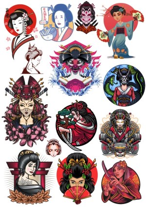 Collection of Vector Illustrations Featuring Geisha and Samurai Characters Free Vector