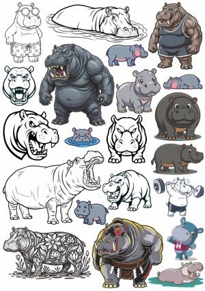 Collection of Various Hippo and Hippopotamus Vector Illustrations Free Vector