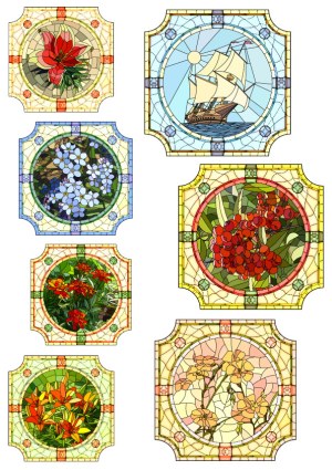 Decorative Stained Glass Panels with Flowers and Ship Design Free Vector