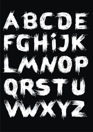 White Rough Brush Stroke Uppercase Alphabet on Black Background Free Vector