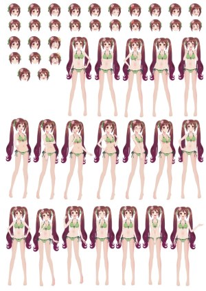 Anime Girl Character with Multiple Poses and Facial Expressions in Green Bikini Free Vector