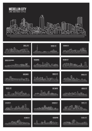 Line Art City Skylines Collection Featuring Medellin and Other Global Cities Free Vector