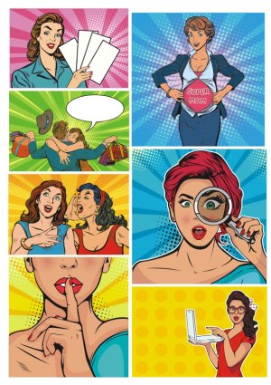 Pop Art Style Comic Panels Featuring Women in Various Expressions and Actions Free Vector
