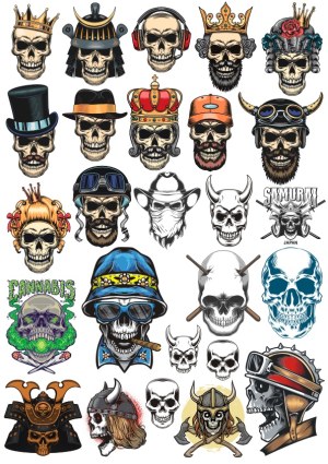 Collection of Stylized Skull Vectors Featuring Crowns, Helmets, Hats, and Themed Accessories Free Vector