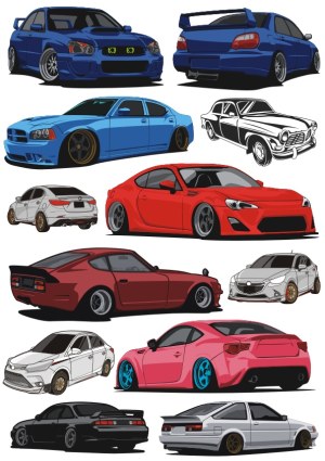 Set of Detailed Vector Illustrations of Modified Sports and Classic Cars Free Vector