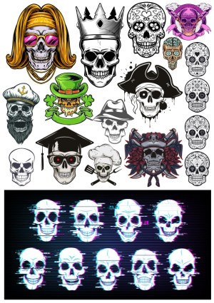 Collection of Stylized Skull Vector Illustrations with Various Themes Free Vector