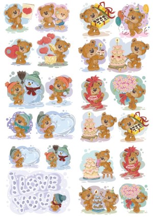 Cute Bear Characters Celebrating Love, Winter, and Birthdays Free Vector