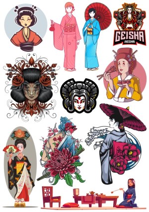 Collection of Geisha and Traditional Japanese Woman Vector Illustrations Free Vector