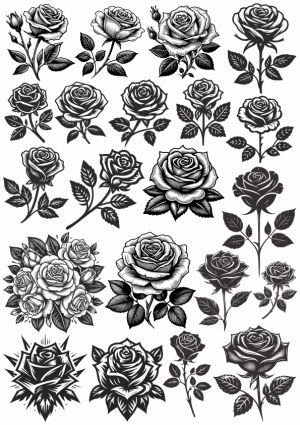 Set of Black and White Rose Illustrations and Floral Designs Free Vector