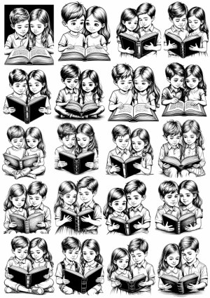 Black and White Vector Illustrations of Children Reading Books Free Vector