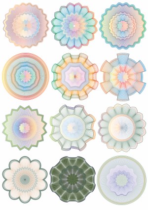 Set of 12 Colorful Guilloche Pattern Rosettes Free Vector