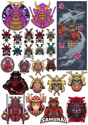 Diverse Stylized Samurai Helmets and Characters Vector Collection Free Vector
