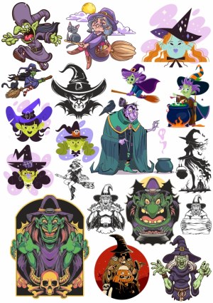 Collection of Colorful and Black-and-White Witch Illustrations Free Vector