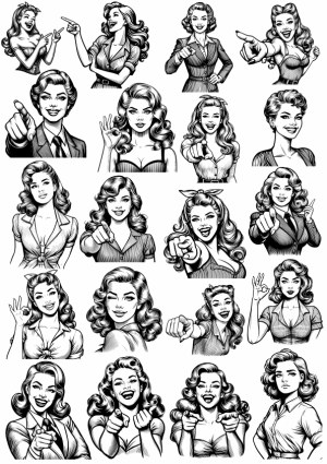 Black and White Vintage Pin-Up Women Pointing and Gesturing Vector Set Free Vector