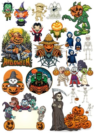 Halloween Cartoon Characters and Pumpkin Illustrations Free Vector