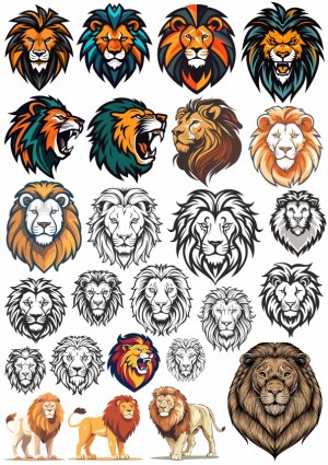 Collection of Lion Head and Full Body Vector Illustrations Free Vector