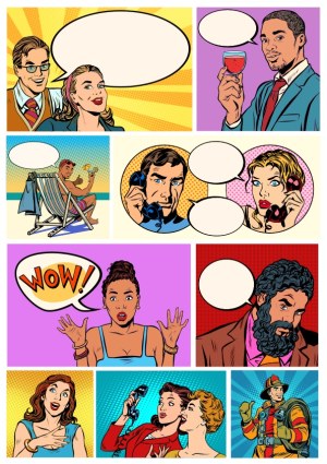 Pop Art Comic Style People with Speech Bubbles Free Vector