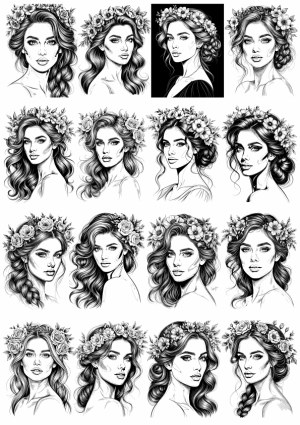 Collection of Detailed Black and White Portrait Sketches of Women with Flower Crowns Free Vector