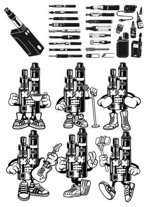 Black and White Vape Device and Accessories Vector Collection with Character Poses Free Vector