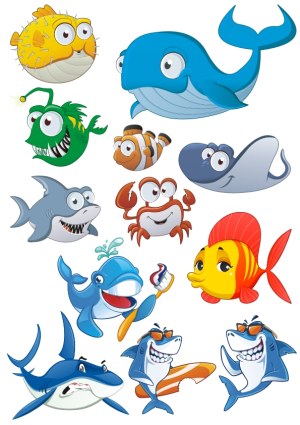 Cartoon Sea Creatures Collection with Sharks, Whale, Fish, and Crab Free Vector